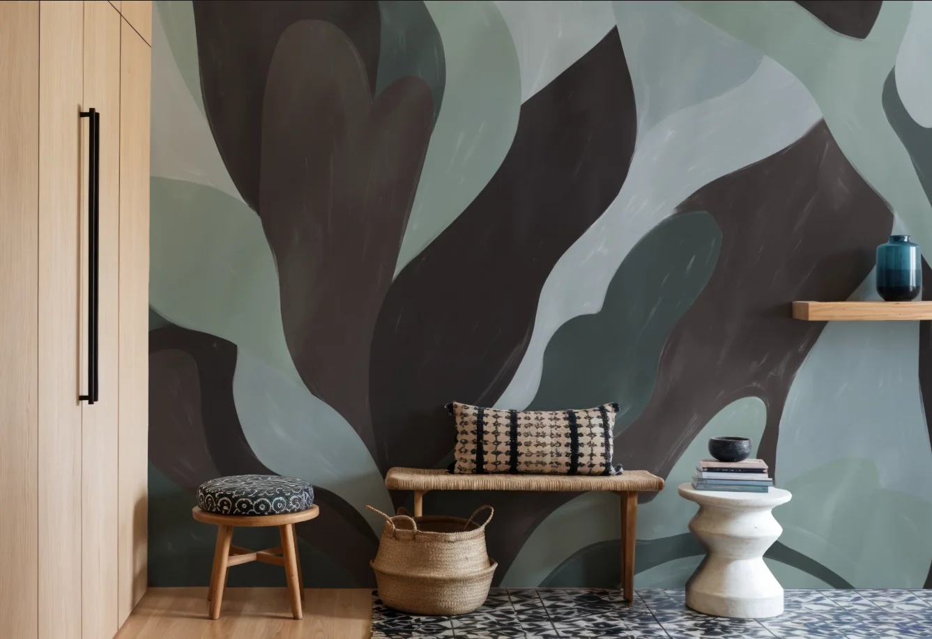 Customized size mural, large wallpaper in dark brown, soft green, and light blue, earthy tones, wave murals, decorative painting