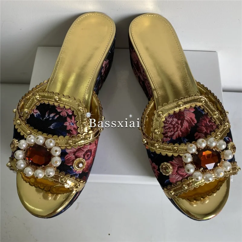 Sandales Brodées en Satin pour Femme, Mules d'Été à Plateforme Haute, Compensées, Décor de Rivets