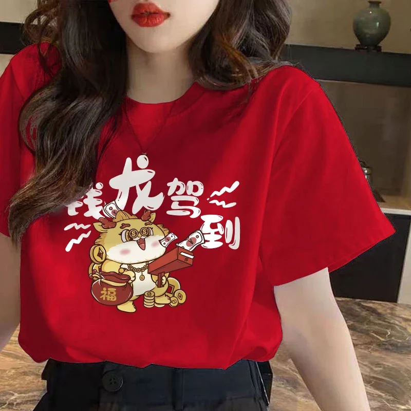 Chinese red short sleeve y2k tops Casual Cotton  t-shirts Round Neck Tops Summer T Shirt women clothing