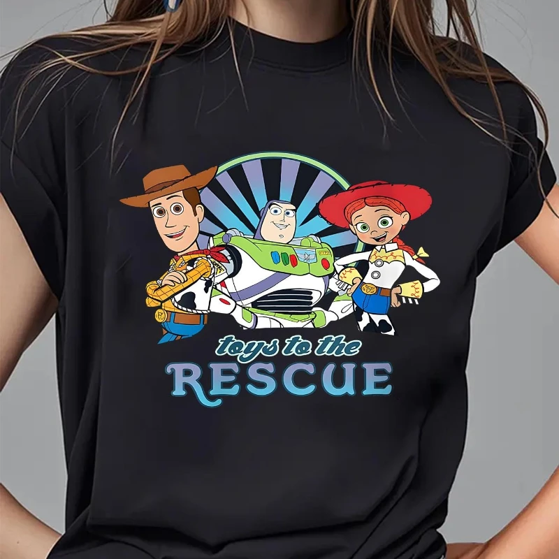 تي شيرت نسائي من Disney Toy Story - تصميم كرتوني ملون Buzz Lightyear and Jesse كاجوال برقبة دائرية وأكمام قصيرة