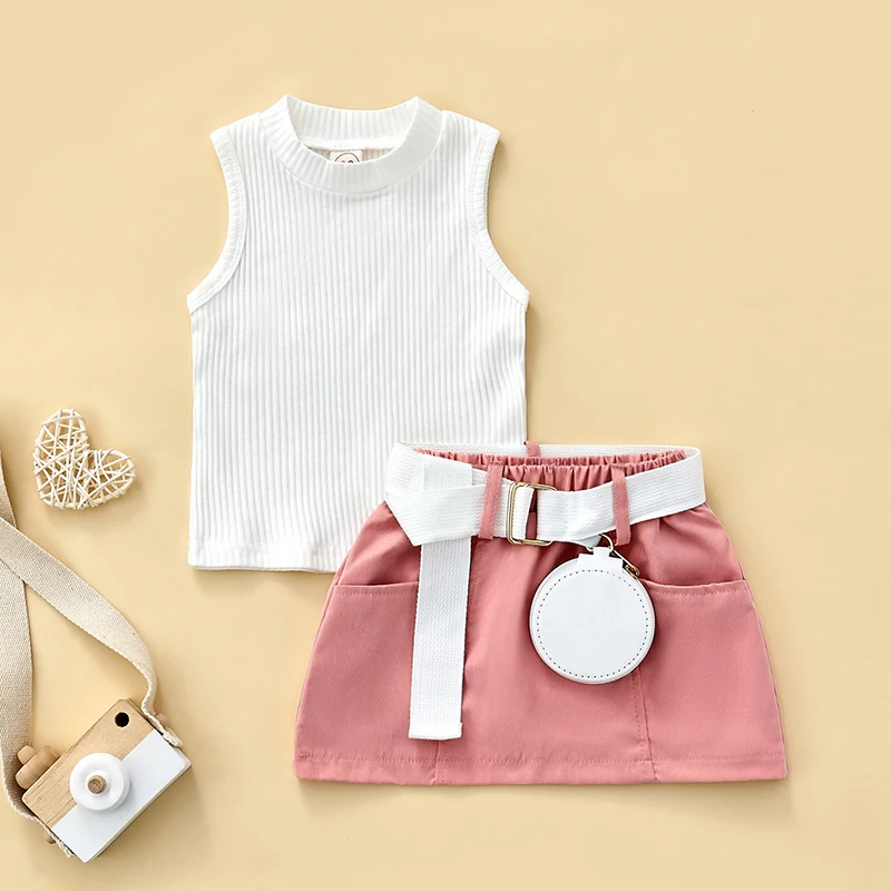 0-5Y Baby Girls Clothes Set 2025 Summer Children Solid Color Sleeveless Tank Tops Pocket Skirt Fanny Pack Kids Outfits