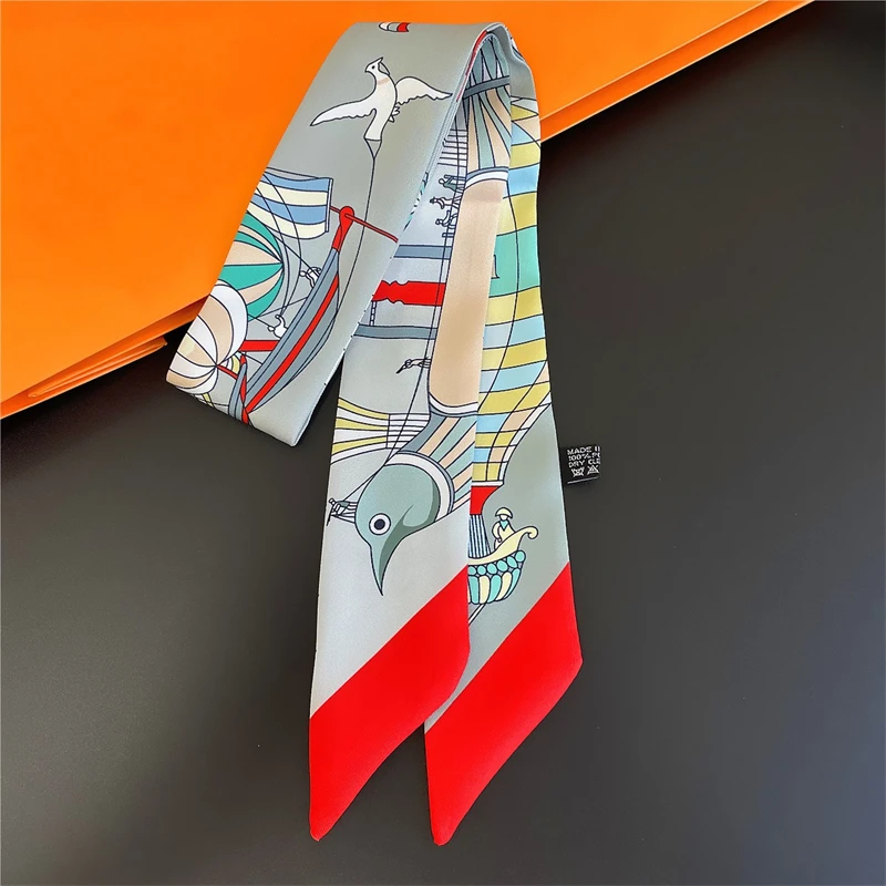 

New Bird Print Small Silk Scarf Ladies Hair Accessories Scarf 2022 Design Boutique Silk Long Narrow Silk Scarf Decorative Belt L