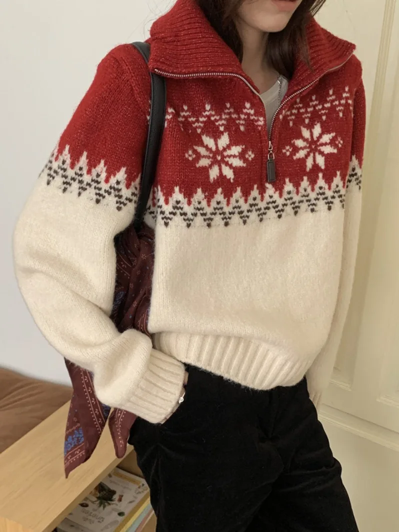 Weicher Fcey-Strickpullover für Damen, lässig, locker, Winter, neuer Sle f-Reißverschluss, faires Isle-gemustertes, bequemes, atmungsaktives Oberteil