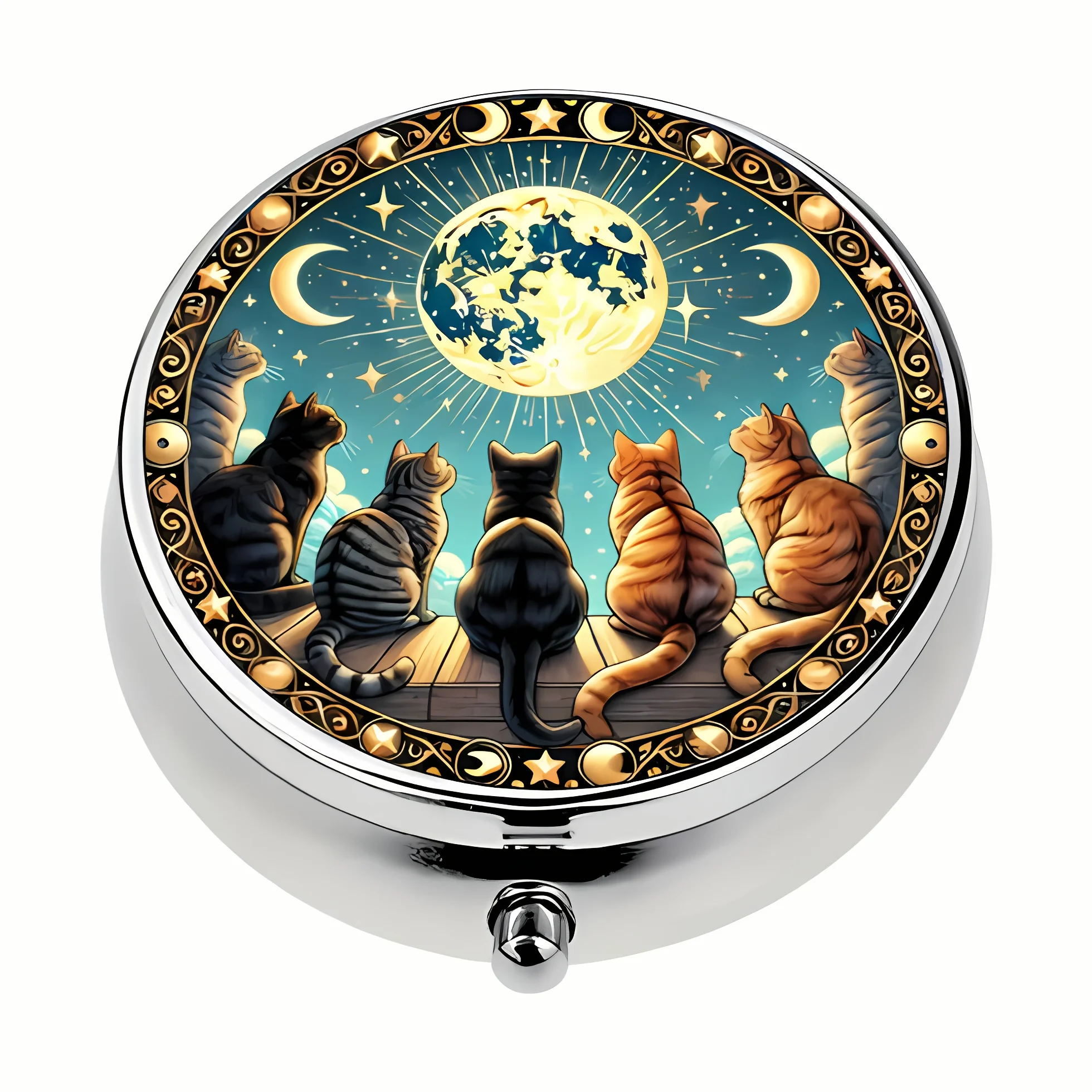 1pc Vintage-style round metal pill box with cat looking at the moon pattern, portable for makeup touch-ups and medicine storage, with a hinged lid, suitable for travel and daily use, unique gift idea, essential travel storage box, decorative metal box, durable metal box
