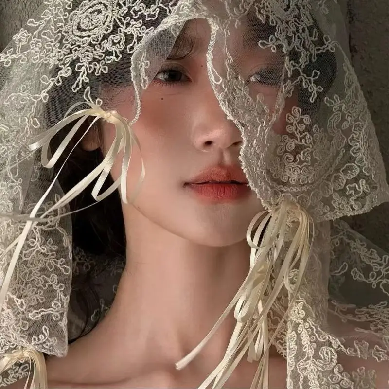 French Style With Bow Ribbon Elegant Embroidered Short  Bride Weeding Headwear Vintage Full Lace Bridals