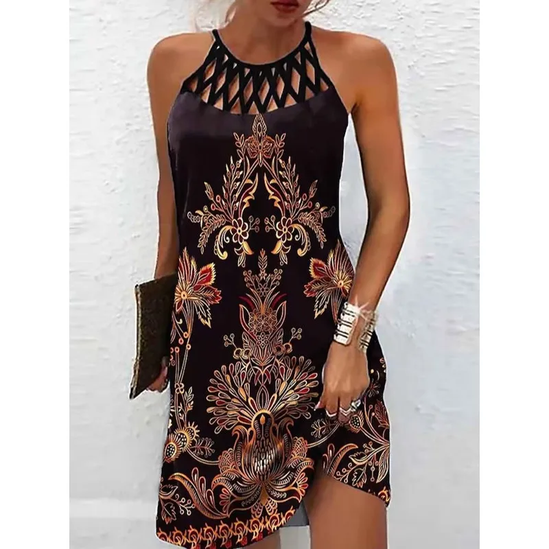 

New Women's Ethnic Style Printing 3XL Slim Fit Mesh Strap Sleeveless Dress Elegant Loose Short A-line Dresses