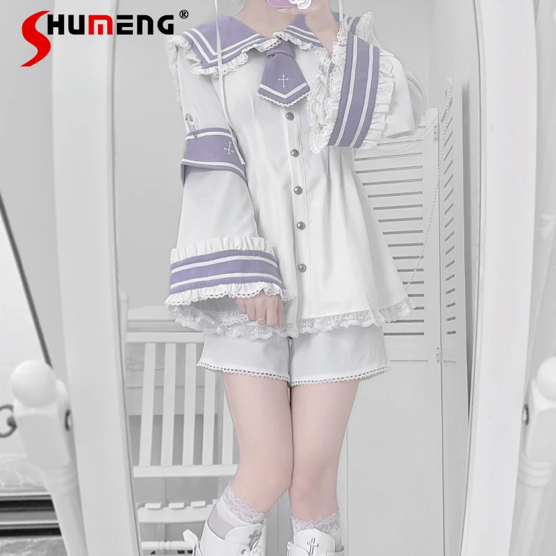 

Осень 2022, новое однобортное платье с квадратным вырезом и маленьким галстуком, шорты, комплект из двух предметов, дизайн Лолиты, японский кружевной костюм субкультуры