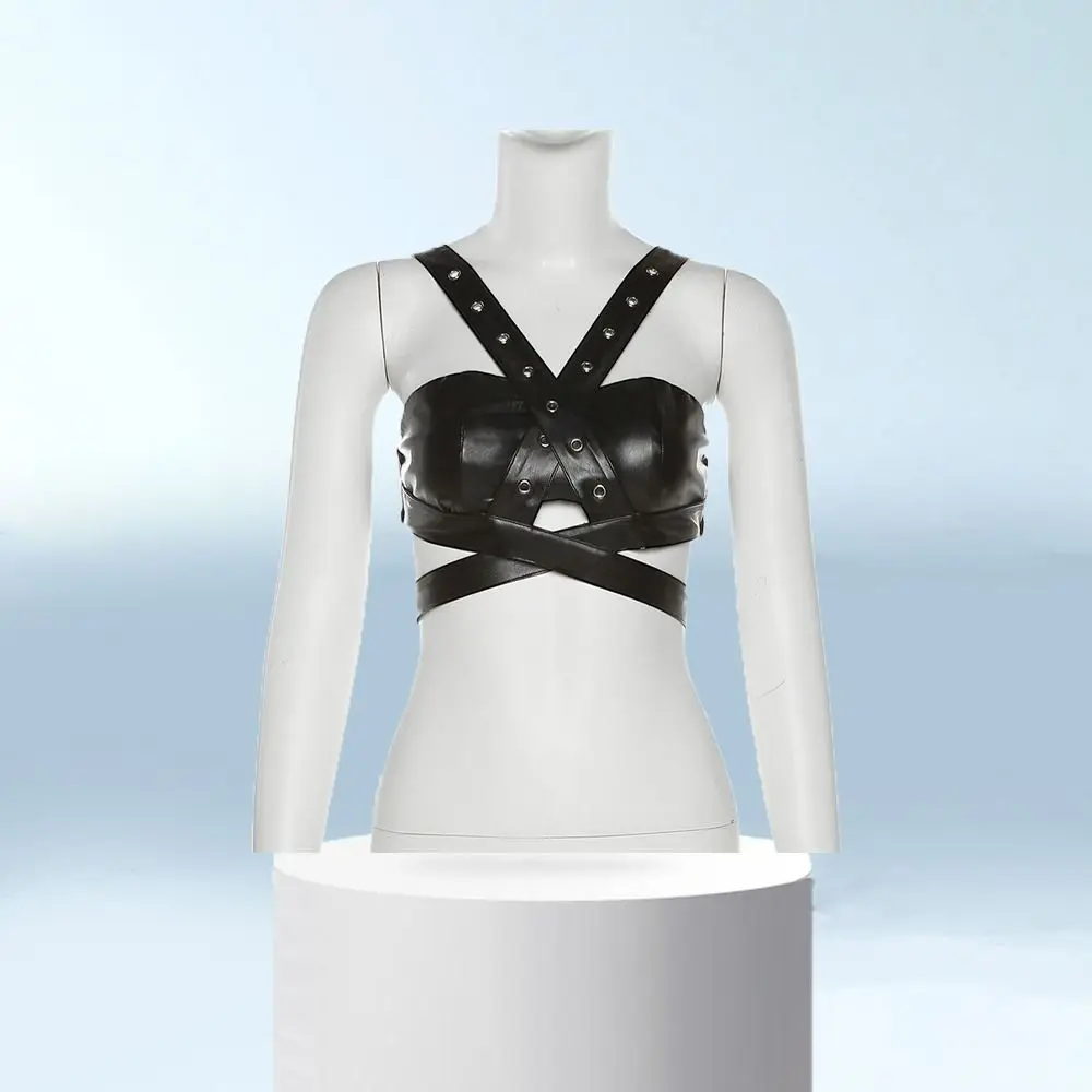 Spicy Girl Style Deep V-neck Punk Backless Tops PU Leather Hollow Women Slim Vest Tank Y2K Sleeveless Crop Top Ladies