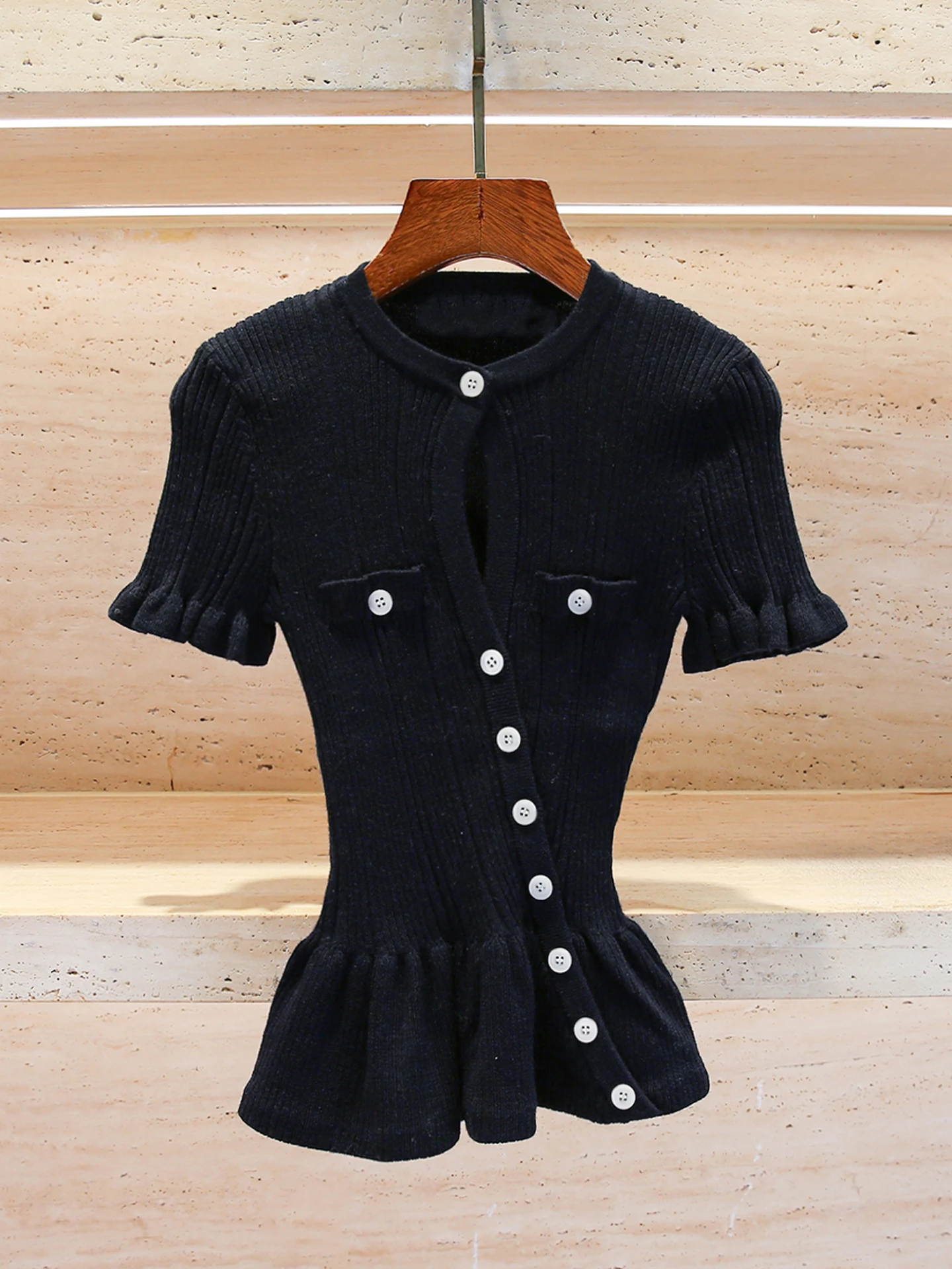

Ele Knitted Open Cardigan Top with Ruffle Sve Design in Simple Sle for Women ort Sve round Neline Pure Color