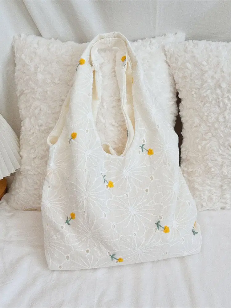 White Lace Floral Canvas oulder Bag Large Capaci Rural Gentle Sle New 2025 B Soft Handbag Cotton Inner Material