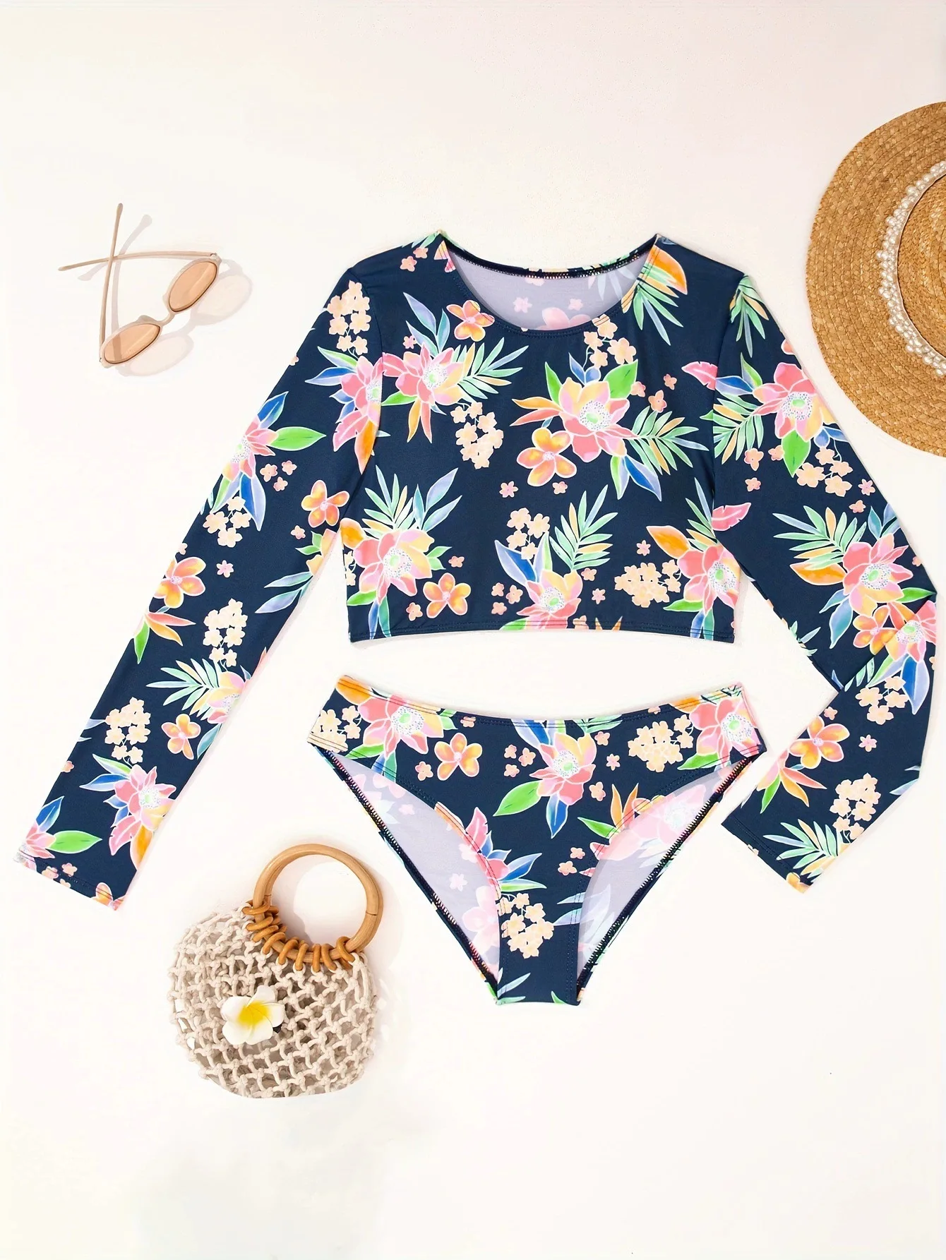 Beach Tunic Women's Long Sleeve Swimsuit Sexy Printed Conservative Swimwear Set Two Piece Shirts Suit Floral Boho Swimming Suit