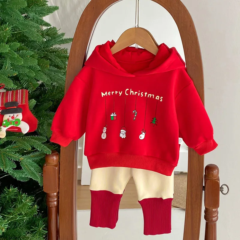 New Year Infant Baby Girls Boys Clothing Set Christmas Toddler Baby Boys Girl Clothes Suit Hooded Plush Pullover Cartoon Print