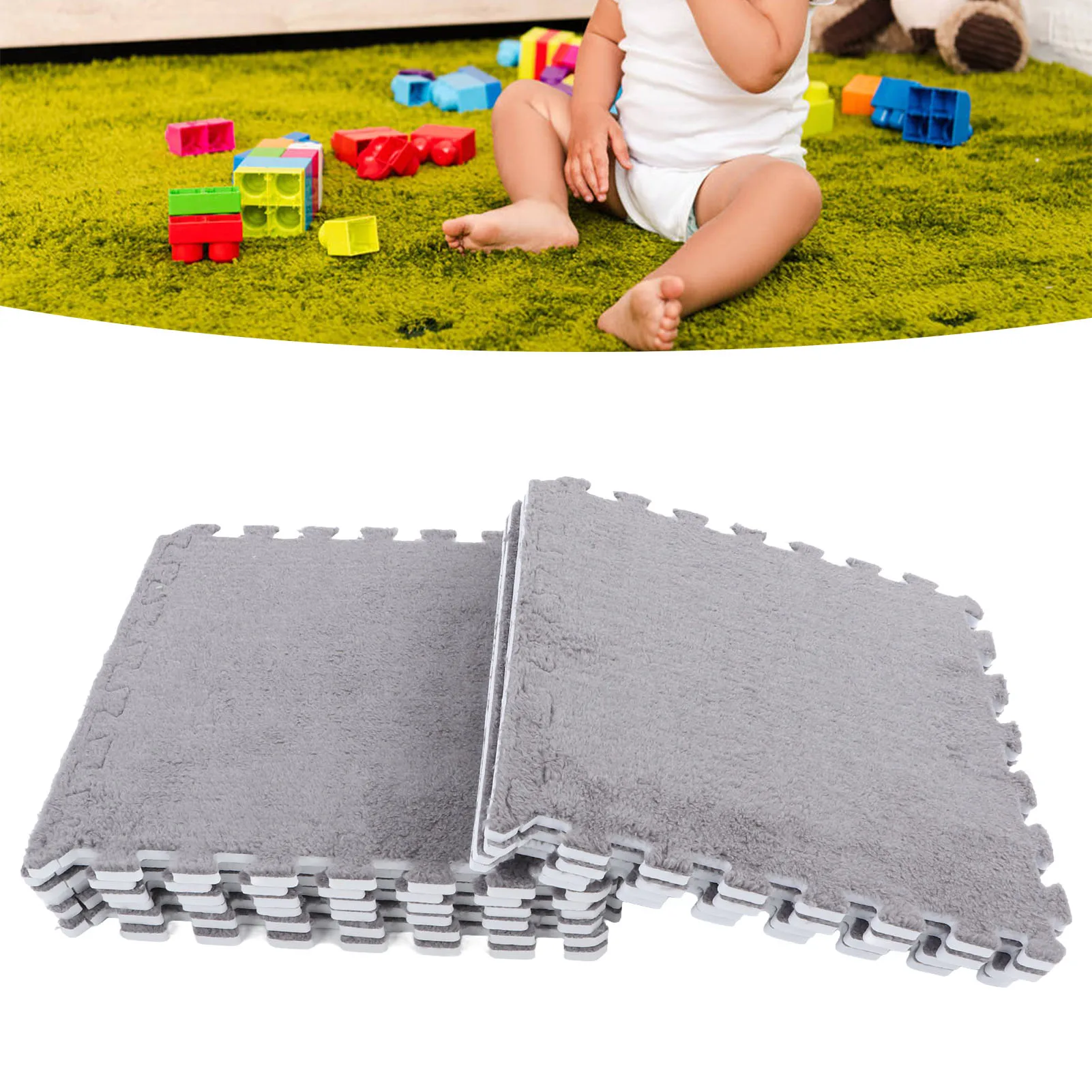 ZK20 10pcs Plush Foam Floor Mat Color Blocking Split Joint Interlocking Cuttable Soft Plush Rug for Bedroom