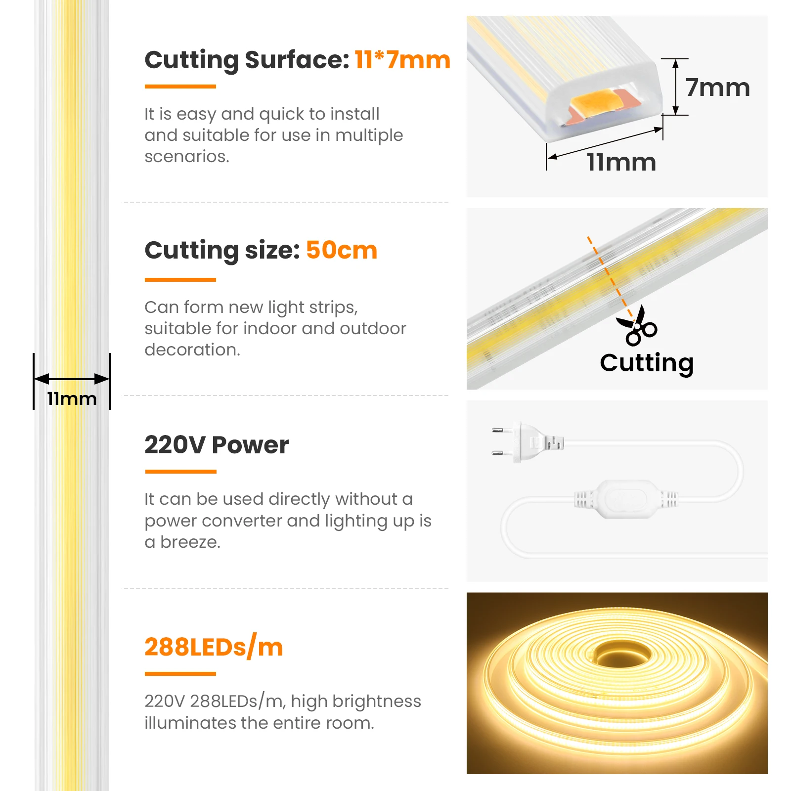 220V Cob LED Licht 288leds/M Im Freien Wasserdichte Wohnkultur 5/10/50/100M COB Led Streifen 50cm Cuttable Garten Lichter Für Küche
