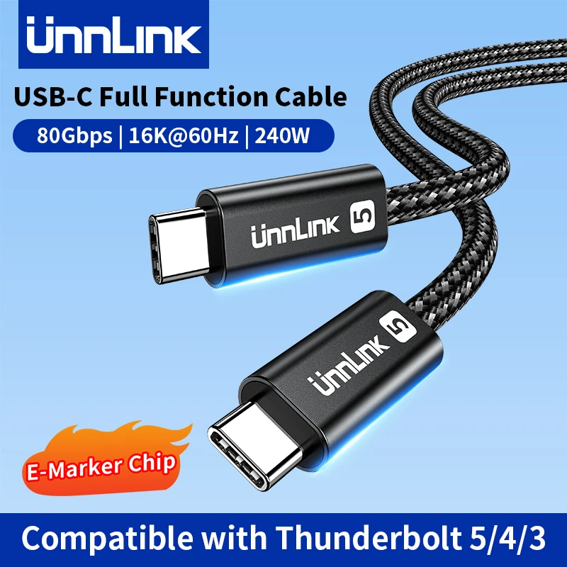 Unnlink USB 5 Cable, Compatible Thunderbolt 5/4, USB4 V2, Two-way 80Gbps, 240W, 16K/8K, for iPhone 17/16 Macbook PSSD