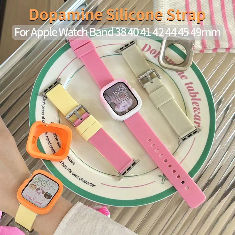 Matte Silicone Case Strap for Apple Watch Accessories Band 44mm 45mm 49 42 38 40 Dopamine Bracelet for Iwatch Serie 7 6 5 Se 8 9