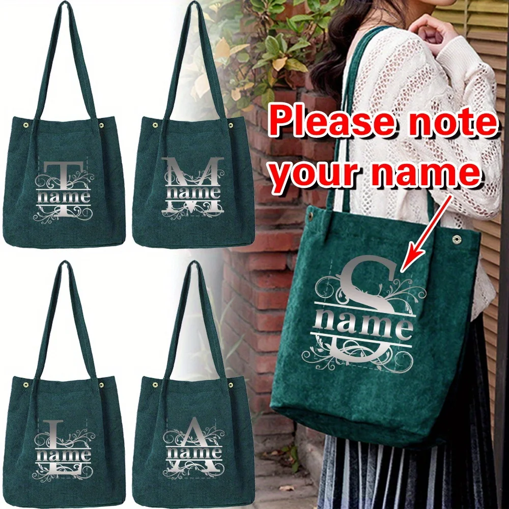 

Personalized Customization Name New Women's Corduroy Green Shopping Bag, Canvas Shoulder Bag Storage Handbag