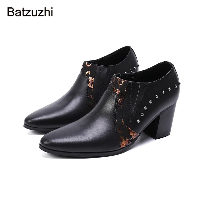 

Batzuzhi 7cm High Heels Men's Shoes Pointed Toe Black Leather Ankle Boots Men Slip-on Rivets Party Botas Hombre, Big Size 38-46