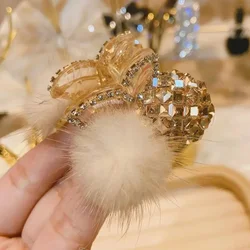 Korean New Gold Mink Hair Ball Grab Clips ball Square Full Diamond  Top Clip Horsetail Drill  Accessories for Women