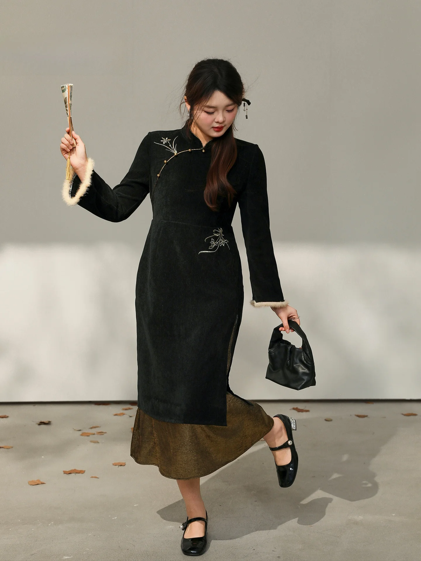 

Весенний китайский платье-ципао с вышивкой орхидеи для женщин больших размеров, с завышенной талией, длинными рукавами, романтическая серия для торжественных мероприятий