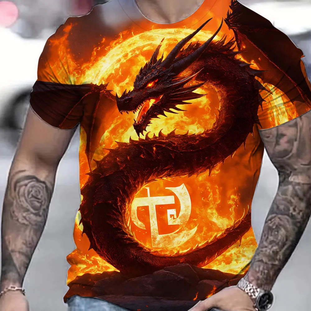 2024 Cool Flame Dragon 3D Graphic Print T-Shirt Clothing Oversized Casual Men's Short Sleeve T-shirts Summer Streetwear Tops Tee