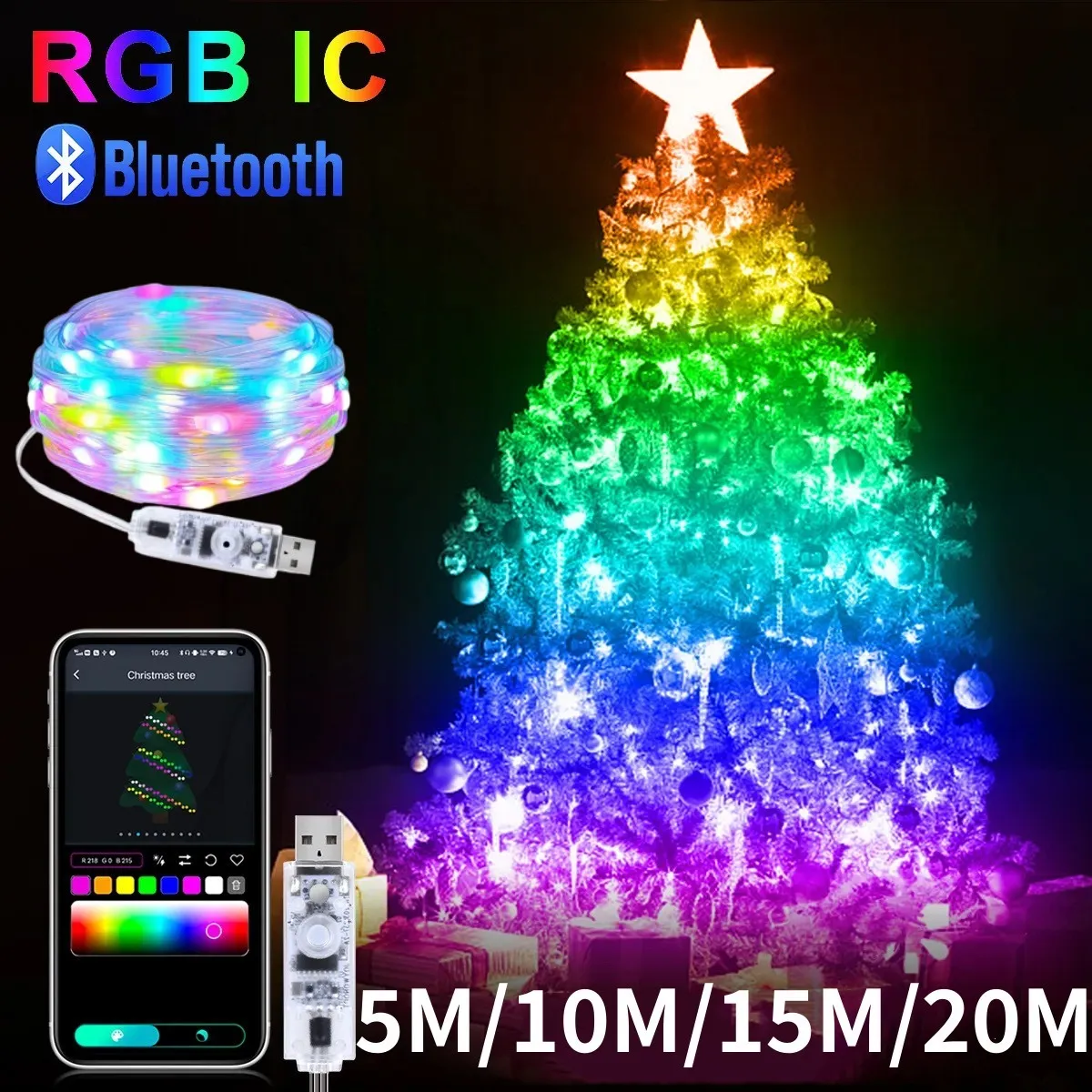 

5M/10M/15M/20M RGBIC USB Sting Light Bluetooth APP DIY LED Fairy Lights Garland Decoration for Christmas Wedding Birthday Party