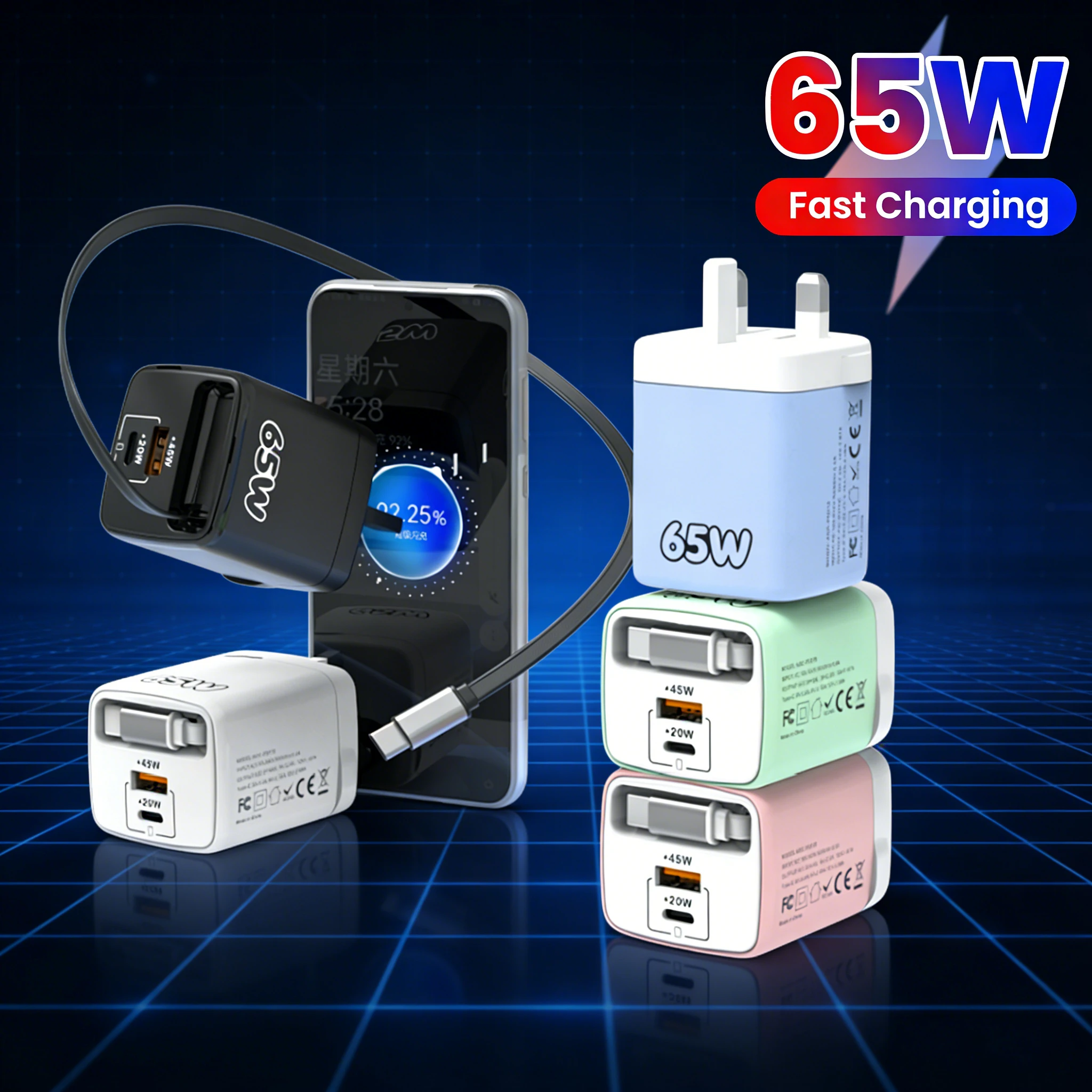 65W USB Quick Charge 3.0 Charger Type C Fast Charging PD Charger with USB C Retractable Cable For iPhone Xiaomi Samsung Huawei