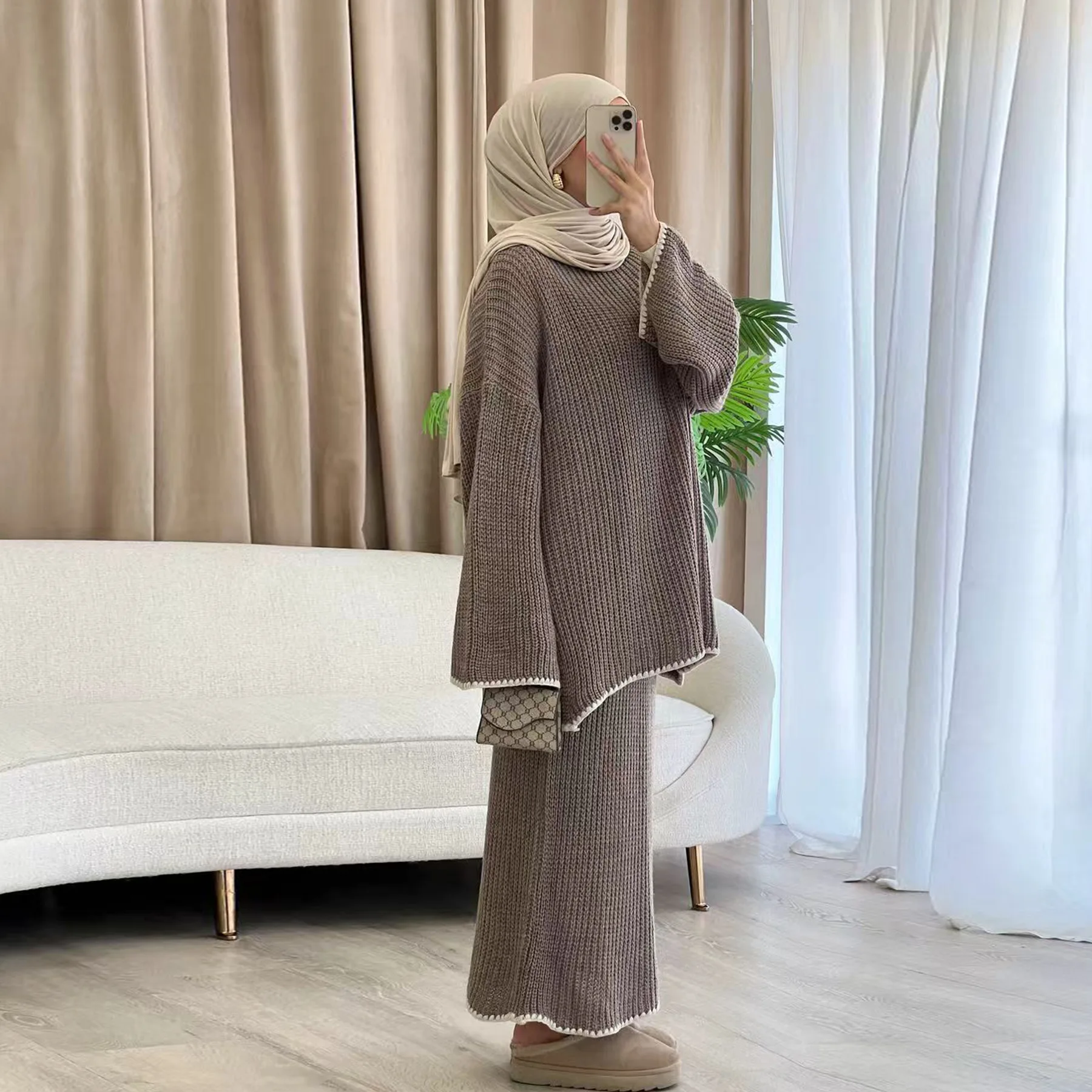 

New Women Muslim Knitted Sets Tops Skirt Dubai Abaya Kaftan Islam Clothing Tracksuit Dress Outfits Femme Musulmane Ensembles
