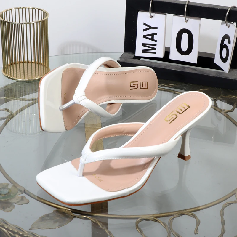 High-heeled flip flops women\'s shoes in summer 2024 patent leather ladies sandals wild black slippers luxury high heeles