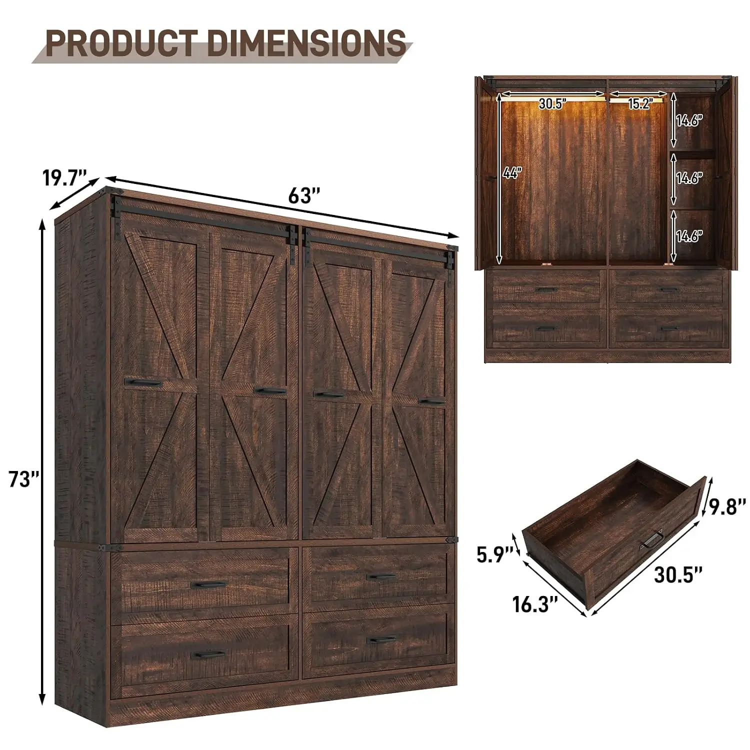 Farmhouse Armoire Wardrobe w/ 4 Sliding Barn Doors, LED Lights & Drawers, Freestanding Wooden Closet w/ Hanging Rod, Customized
