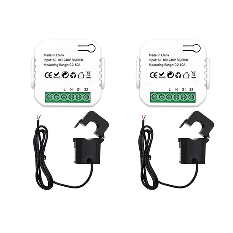 2X Tuya Smart Life Zigbee Energy Meter 80A With Current Transformer Clamp Kwh Power Monitor Electricity Statistics