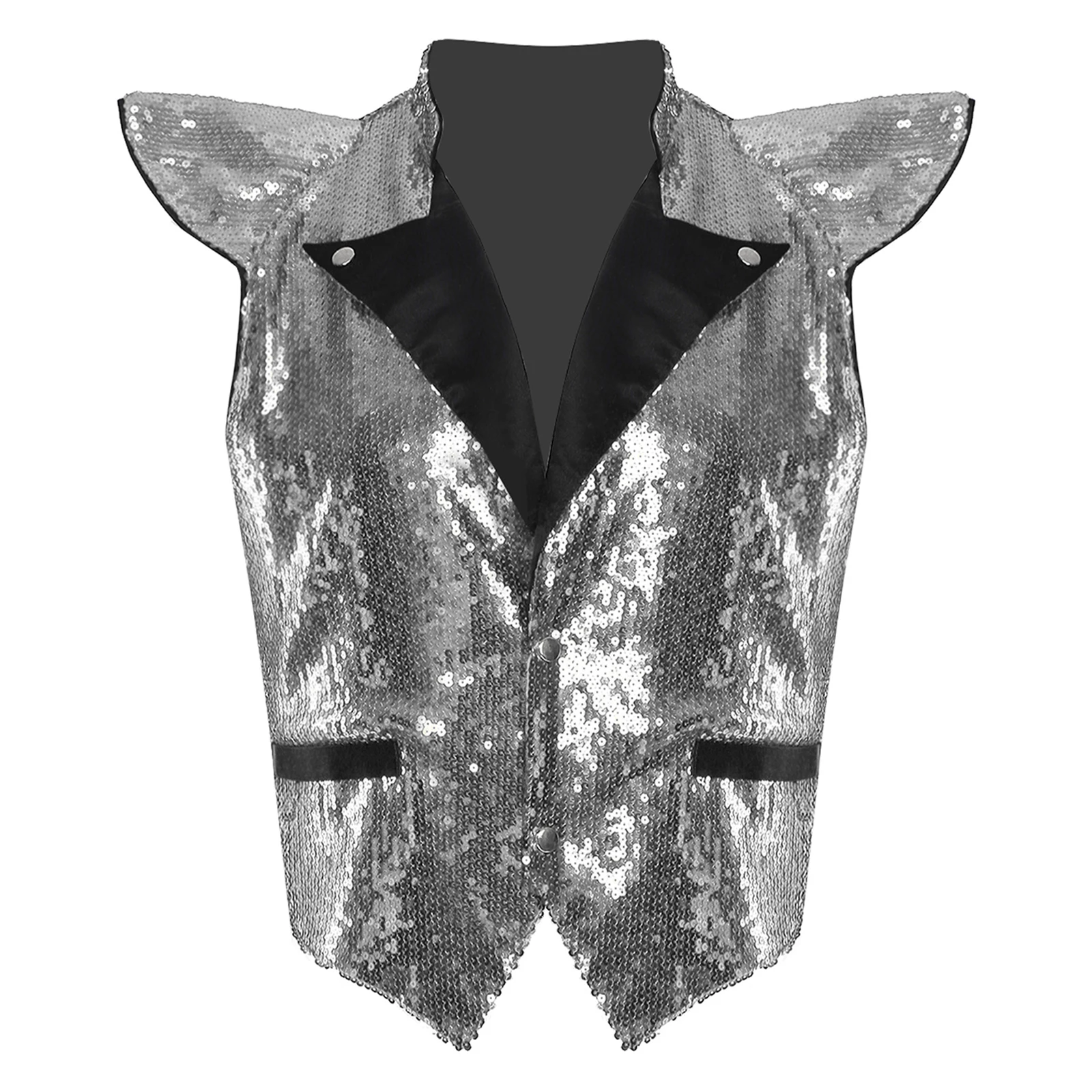Męska brokatowa kamizelka do tańca jazzowego, cała w cekinach, z falbankowymi rękawami, klapami, dekoltem w serek, bez rękawów, w pełni podszyta, top na scenę lub do klubu.