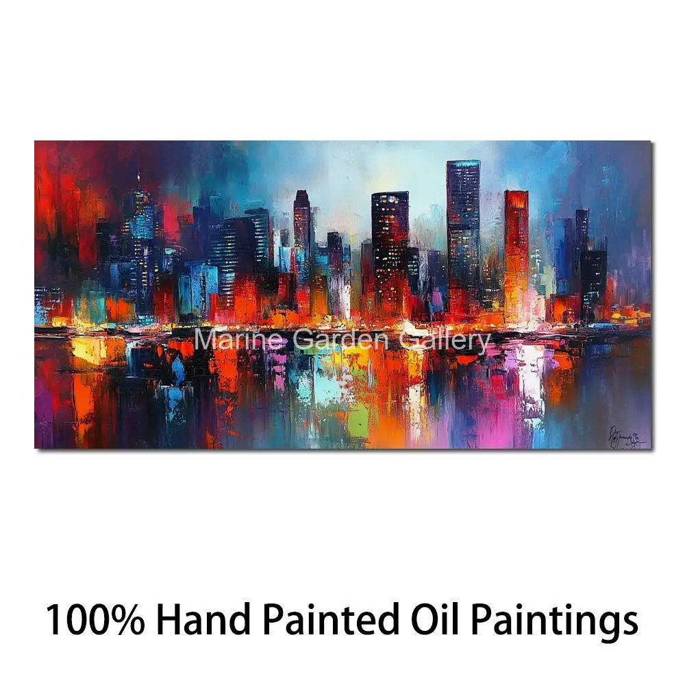 Large Contemporary Canvas Art for Living Room Decor Abstract Skyline Handmade Oil Painting Landscape Artwork Colorful Textured