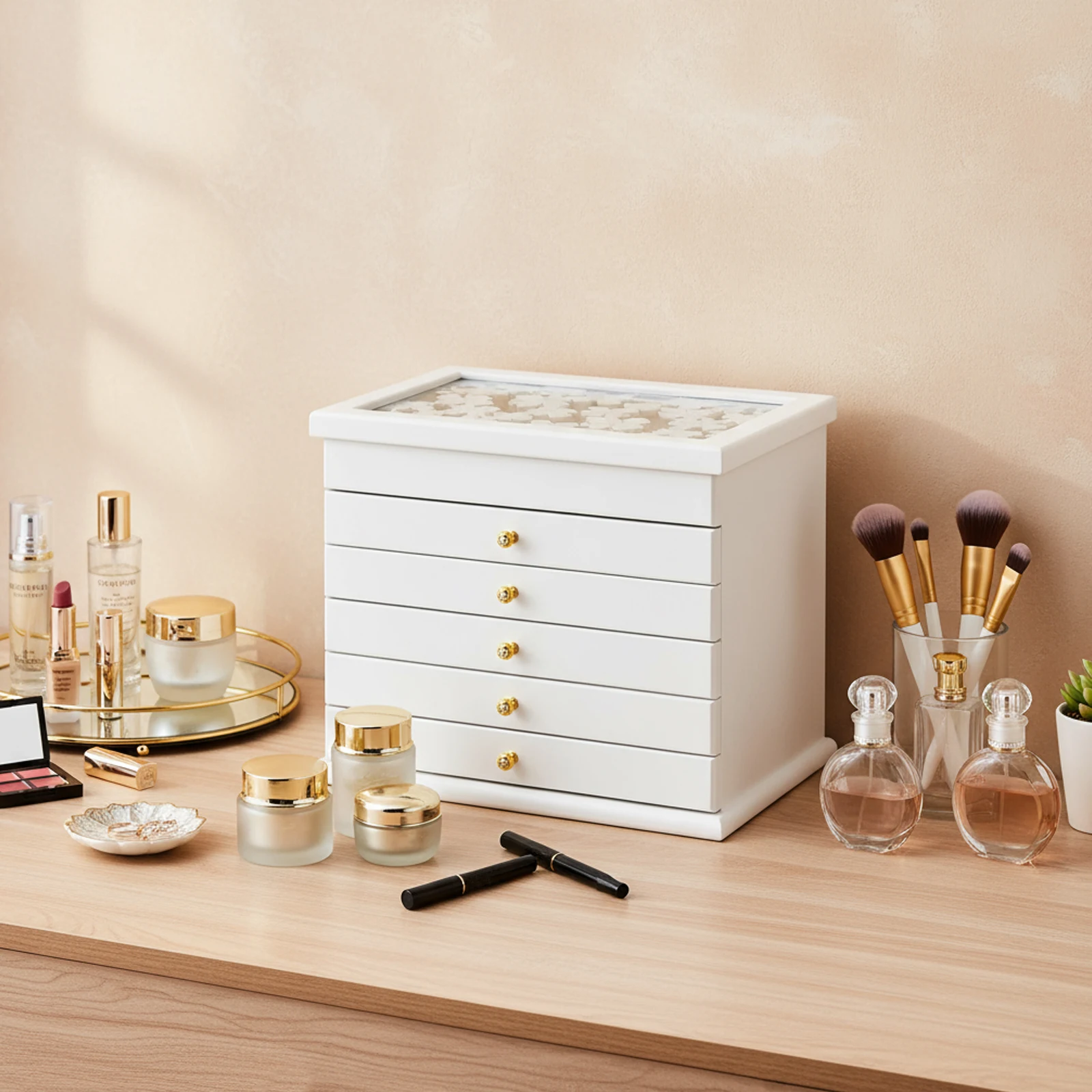 

Jewelry Storage Organizer, 6 Layers with 5 Drawers Large Jewelry Organizer Wooden Storage Box Case for Woman (White)