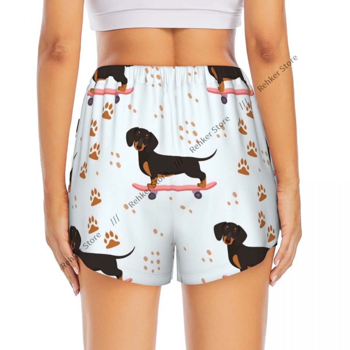 Engraçado dachshund no skate feminino dupla camada de secagem rápida shorts atléticos para lazer ao ar livre correndo fitness treino esporte