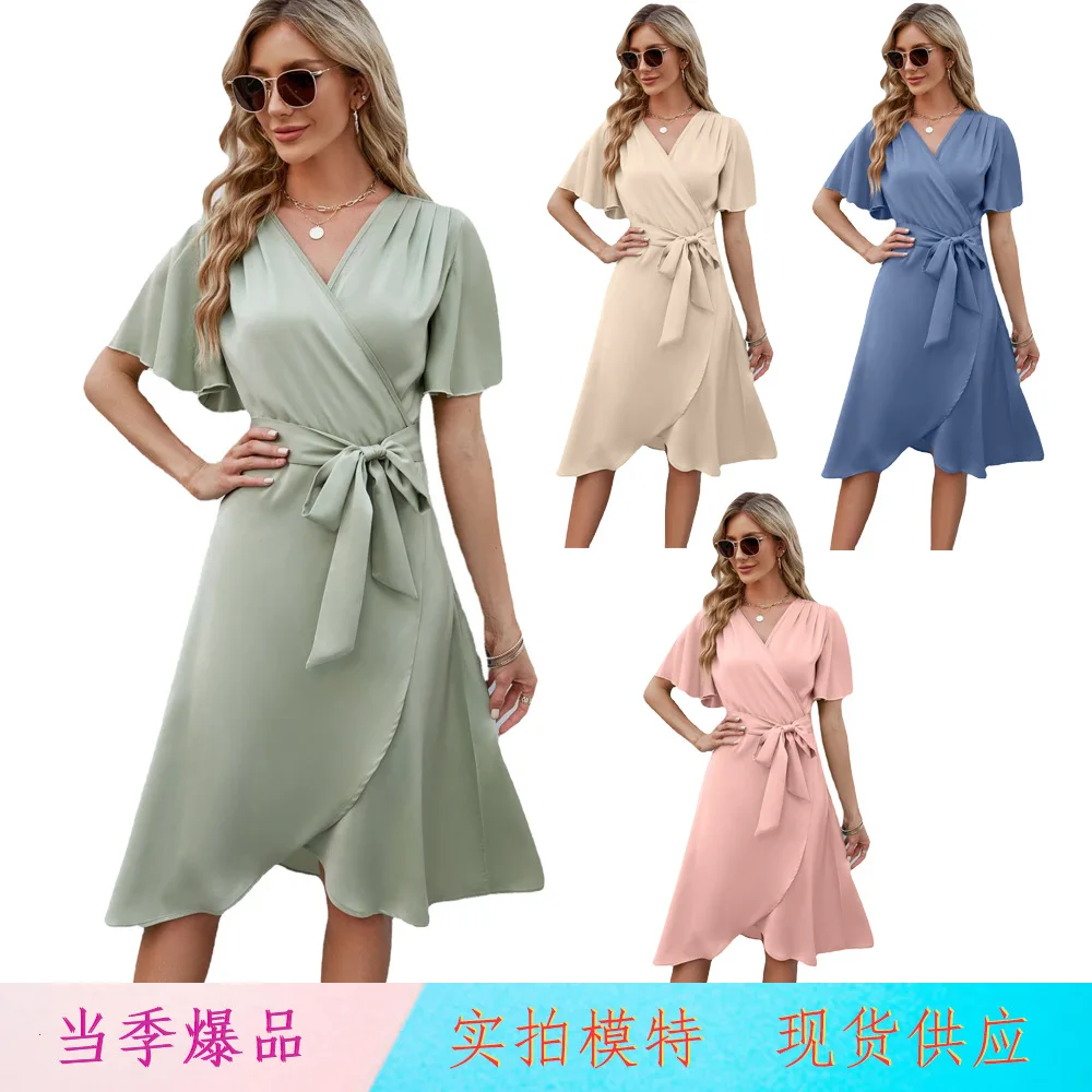 

New Style Commuting Elegance Dress 2023 Summer Women's Solid Satin V-Neck Waist Flare Sleeves Comfortable Sexy Dress