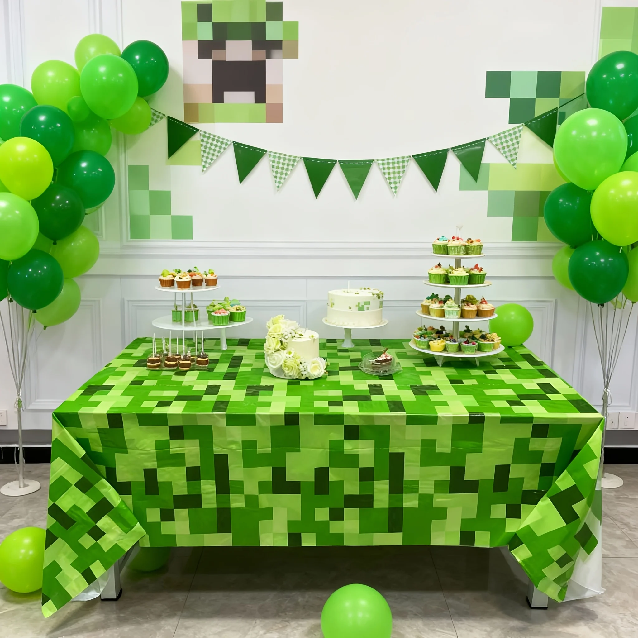 Creeper Face Tablecloth Disposable PE 137x274cm for Gamer Birthday Party – Waterproof, Easy Clean, Pixel Green Camo Design view 2