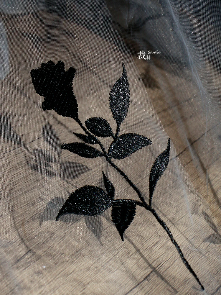 Black Rose Gray Perspective Mesh Fabric Embroidered Curtain Dress Retro Style Han Clothing Designer Fabric for patchwork