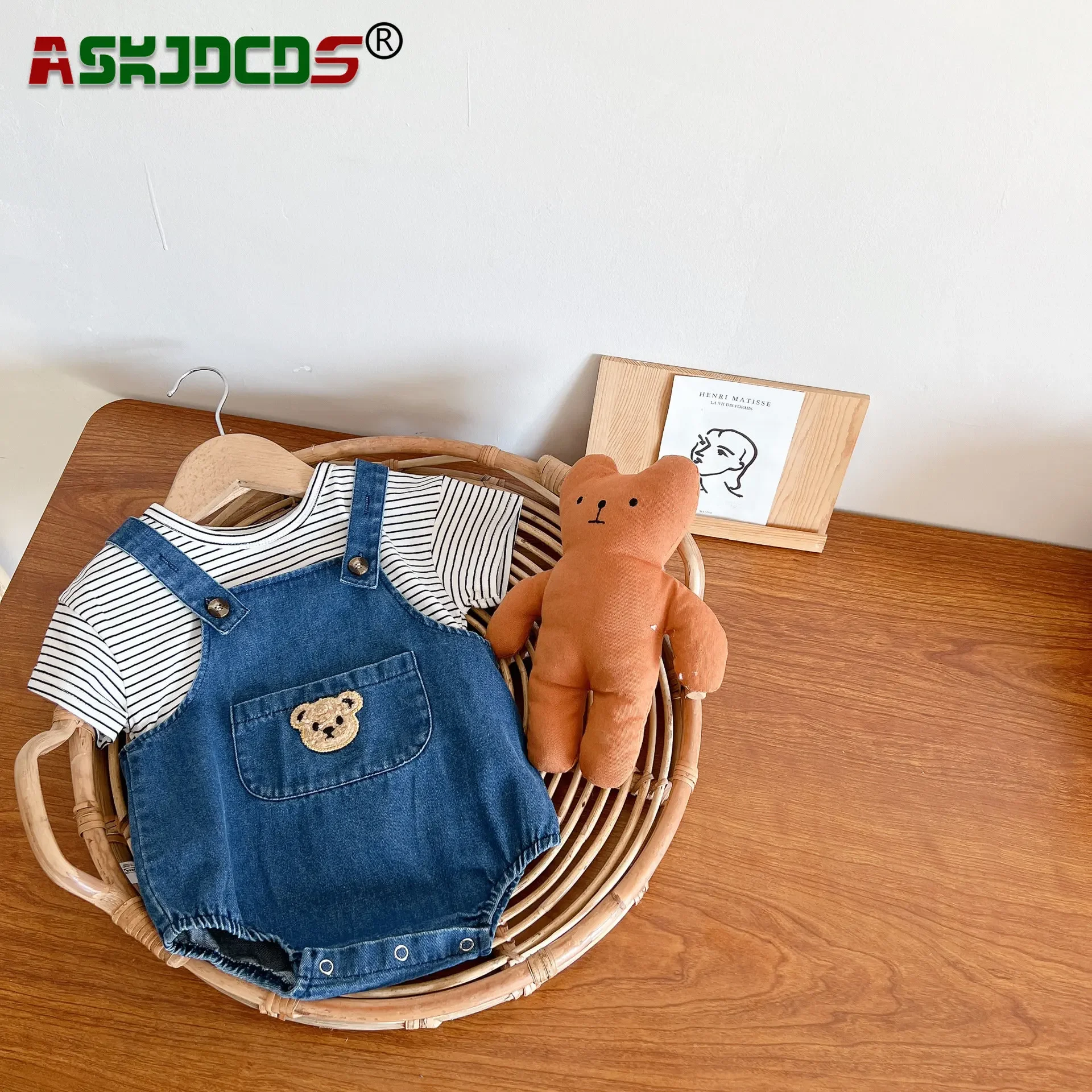 2024 Classic Summer Newborn Baby Girl Boy Sling Denim Cotton Bear Outdoor Clothing Bodysuits Stripe Top Tee T-shirts Infant Kids