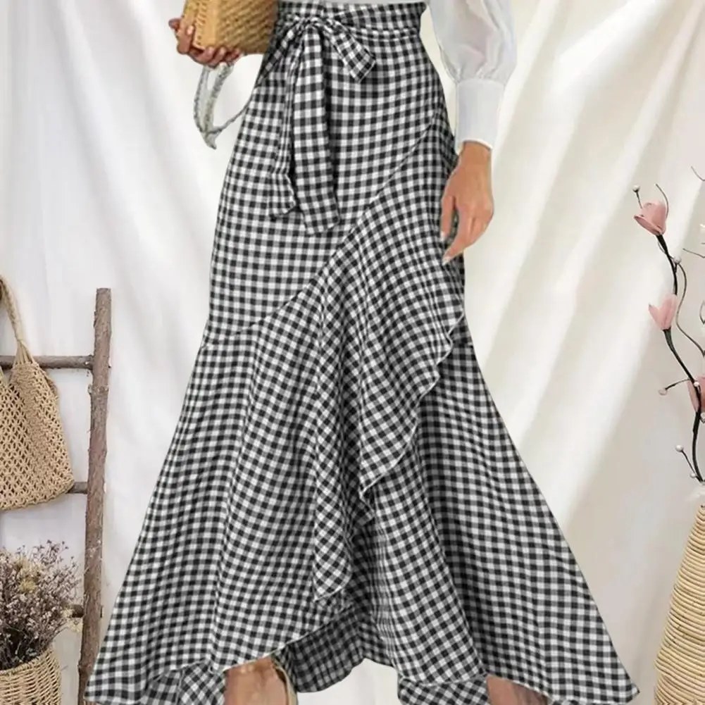 Skirts for Men High Waist Hem Maxi Skirt Elegant Lace-up Ruffle Trim Maxi Skirt with Plaid Print Bow Tie Detail Casual Skirt