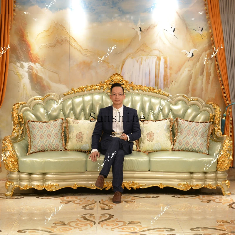 

European-style living room combination small apartment light luxury solid wood sofa high-end luxury villa champagne color TF
