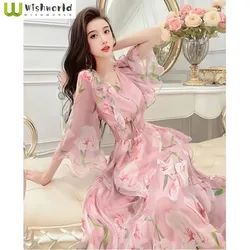 Sweet and Elegant Chiffon Dress 2024 Spring/Summer New Women's Printed V-Neck Waist Waist Middle Length Dress
