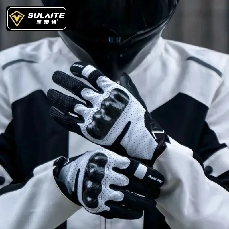 

SULAITE Retro Goat Leather Motorcycle Gloves Carbon Fiber Hard Shell Cycling Gloves Motorbike Summer Gloves Road Bike Anti-drop