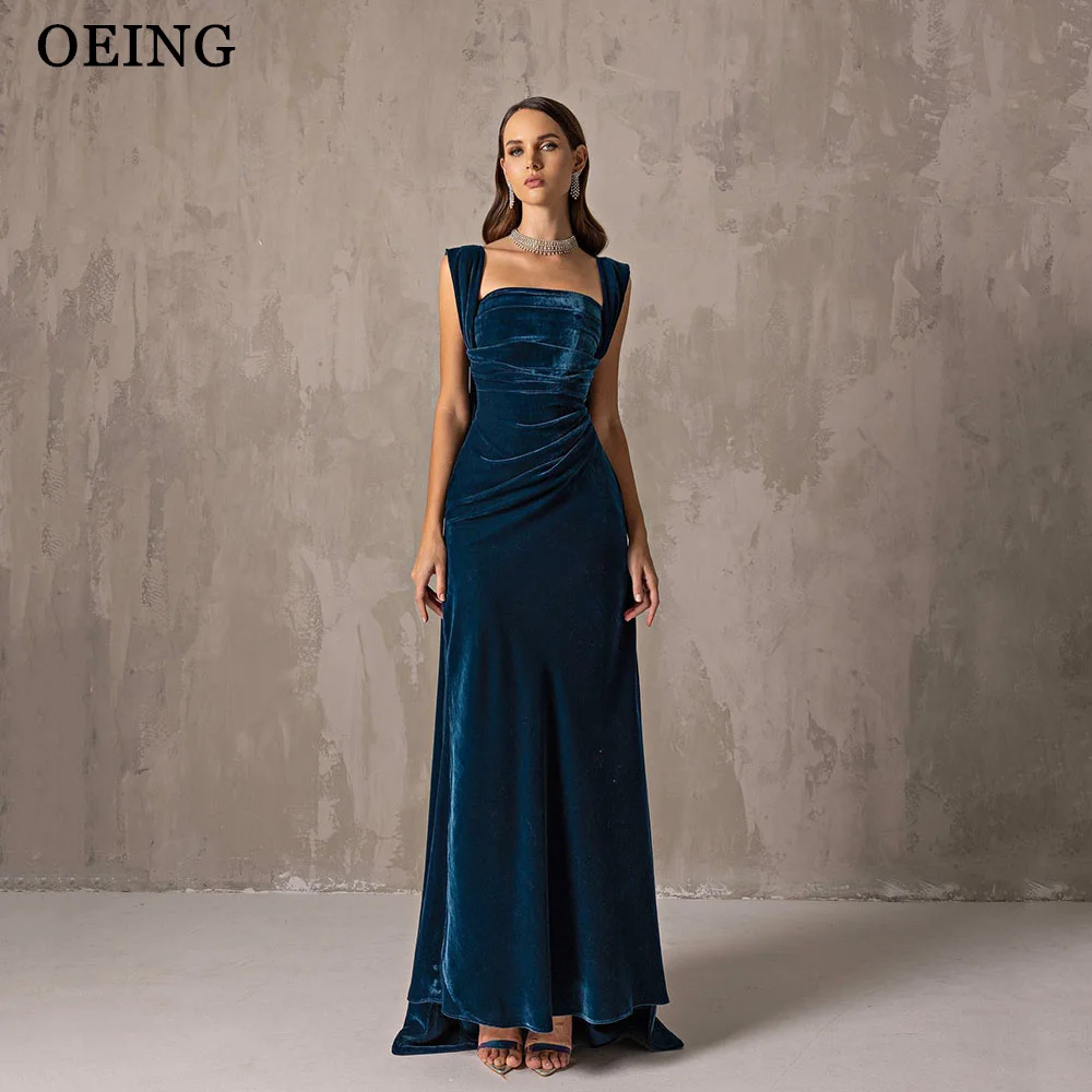 OEING Vintage Blue Evening Dresses Elegant Square Neck Velvet Glitter Silk Pleated Prom Dress Formal Occasion Gowns Customized