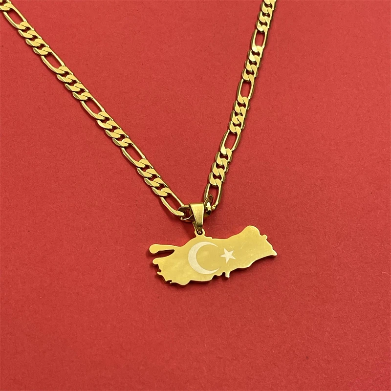 Türkiye Map Crescent Five pointed Star Pendant Necklace Gold plated Luo Chains Exotic Ethnic Commemorative Jewelry