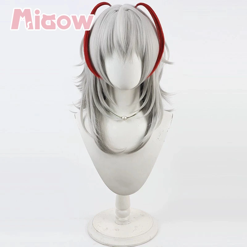 Game Arknights Wis'adel Cosplay Wig, Pre‑Styled Silver Grey Gradient Medium Layered Flip‑Out Wig with Red Ahoge for cosplay