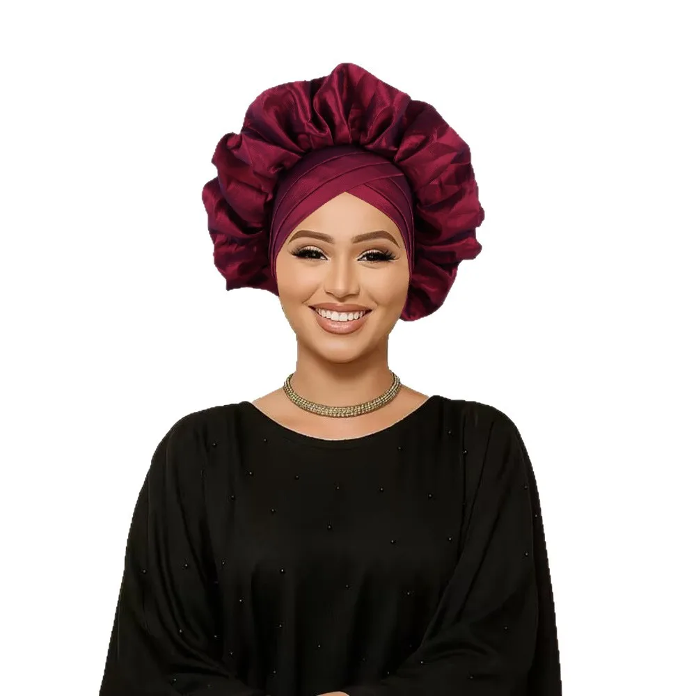 Vendita calda Front Cross Auto Gele già realizzato Copricapo africano Aso Oke Nigeria Ruffles Cap Cravatta per la testa Turbante Copricapo da donna da sposa