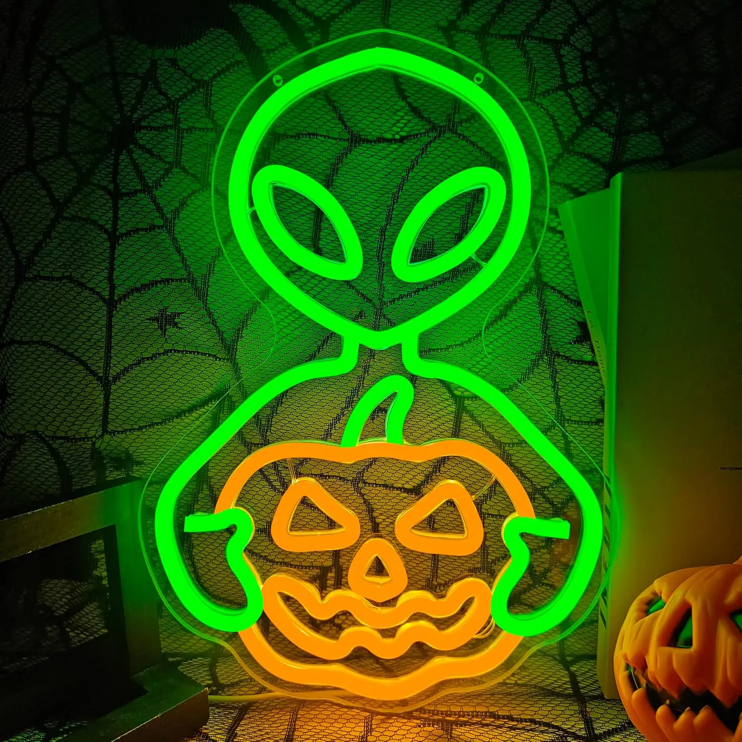 Alien Holding Pumpkin Neon Sign USB Powered LED Neon Light for Bedroom Bar Halloween Christmas Party Home Wall Art Decor Gift
