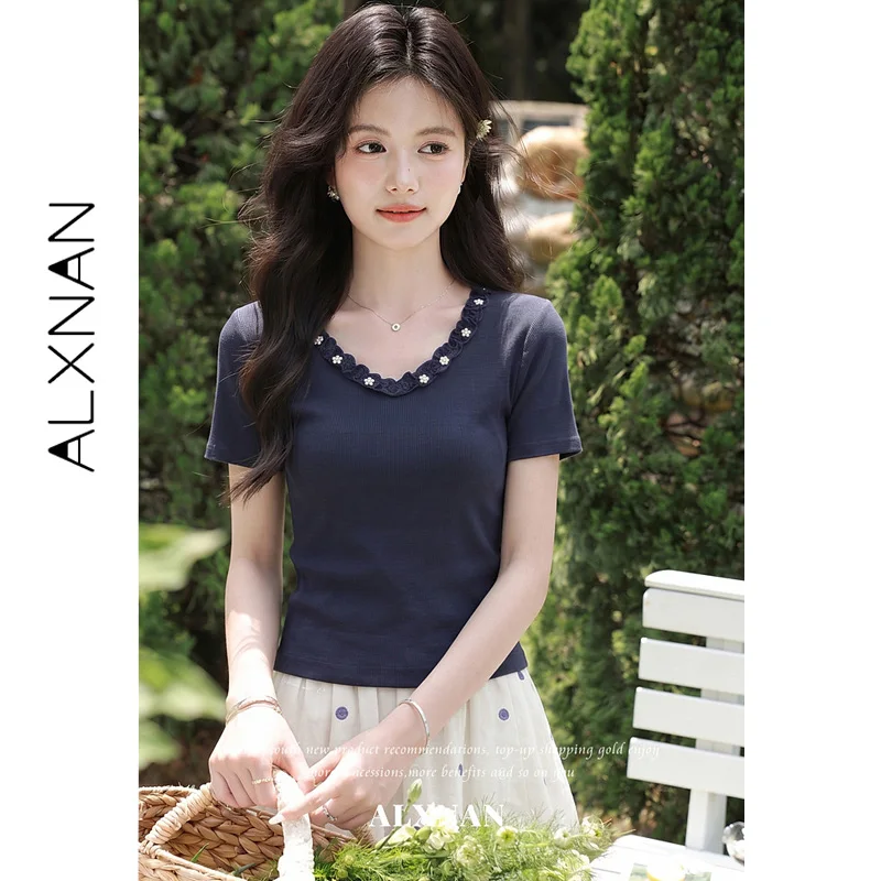 ALXNAN Blue Women's T-shirt 2026 Summer Short Sleeve V-neck Wavy Edge Floral Decorations Tees Ladies Clothing Slim-fit L67380A view 4