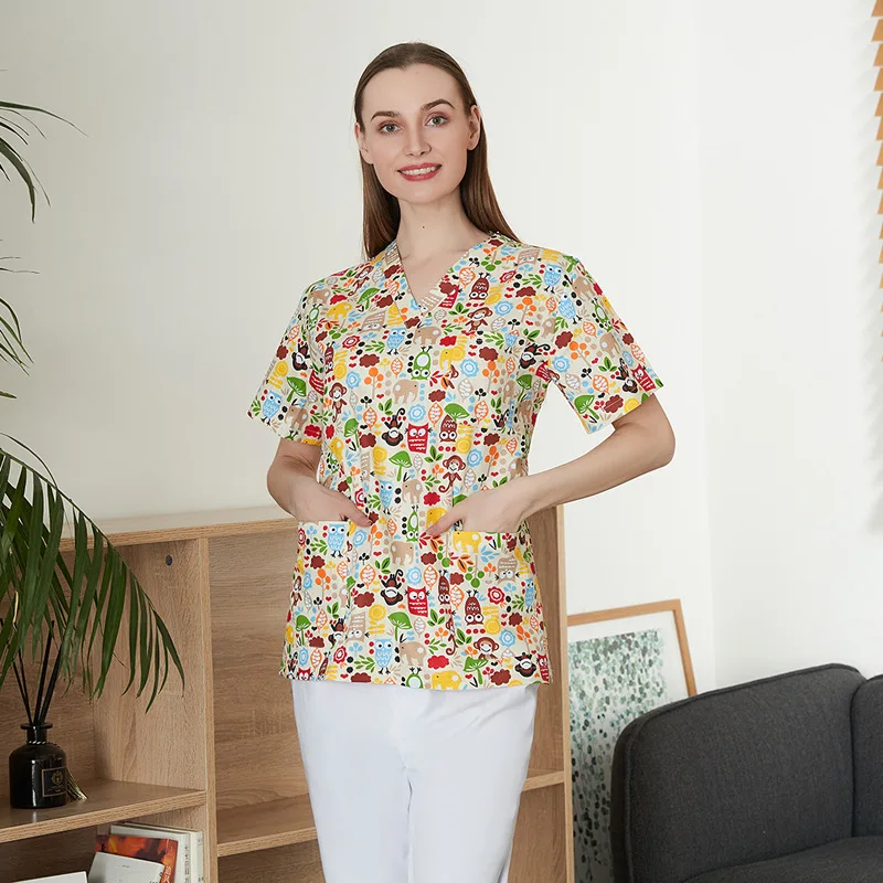 Cartoon Tier Druck Arbeits Scrubs Krankenschwester Tops Hundesalon Uniformen Salon Arbeit Kleidung Pet Schönheit Uniform